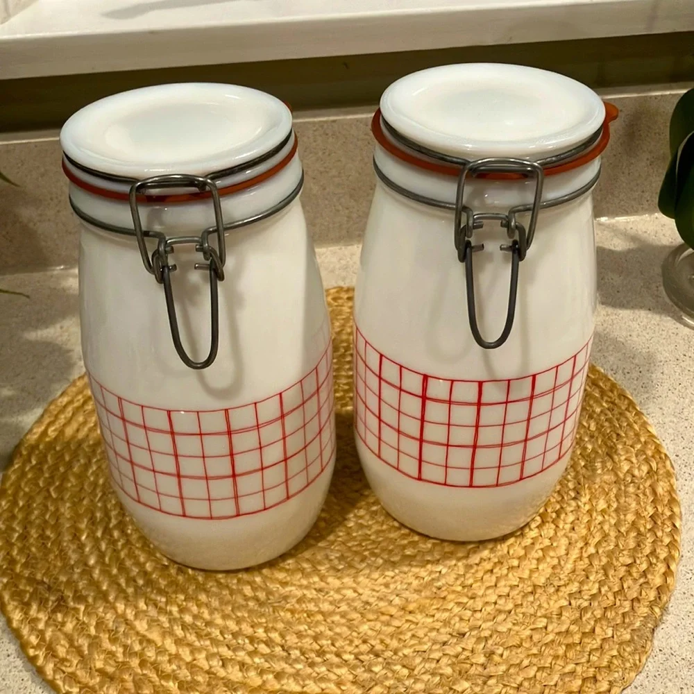 Vintage Wheaton 1.5L Milk Glass Flour & Sugar Jars/Canisters - Red & White